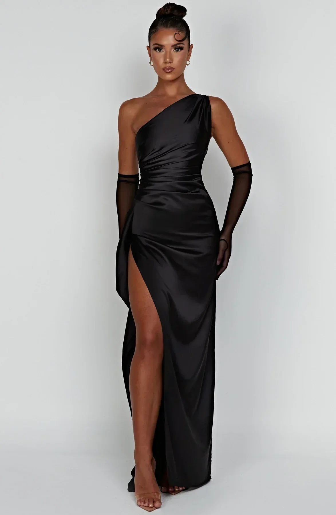 Elegant Satin One-Shoulder Maxi Evening Dress with High Slit