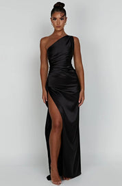 Elegant Satin One-Shoulder Maxi Evening Dress with High Slit