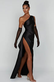 Elegant Satin One-Shoulder Maxi Evening Dress with High Slit