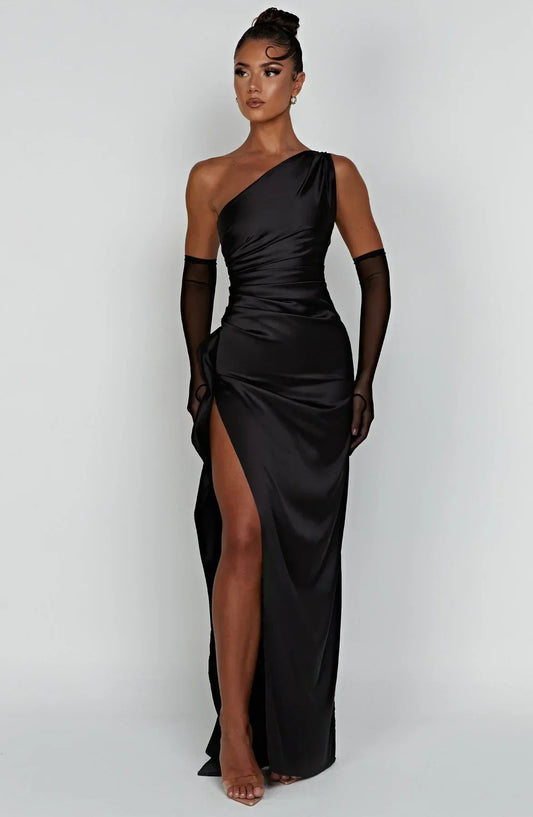 Satijnen One-Shoulder Galajurk met Hoge Split Maxi voor Vrouwen