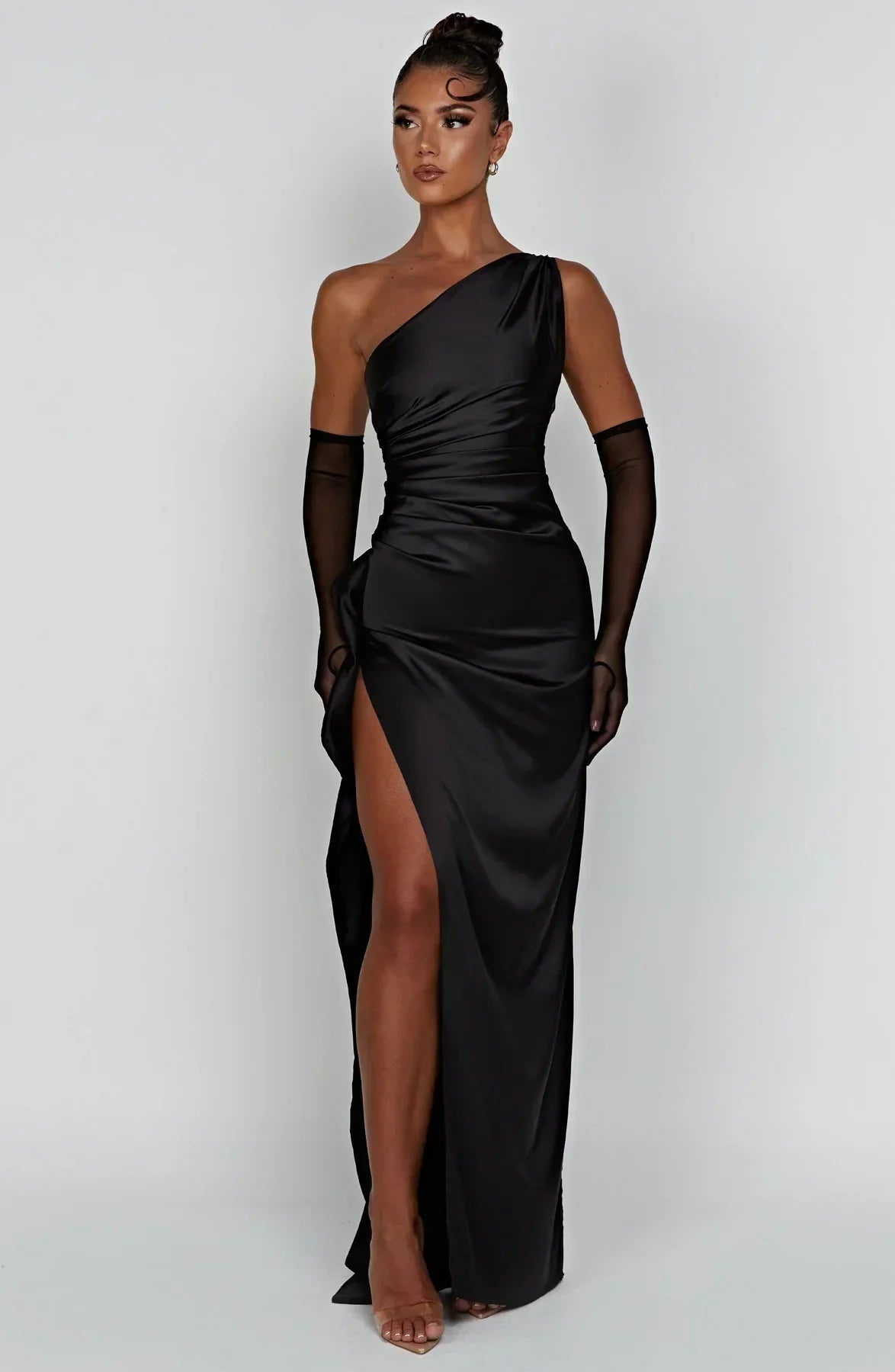 Elegant Satin One-Shoulder Maxi Evening Dress with High Slit