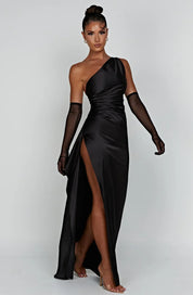 Elegant Satin One-Shoulder Maxi Evening Dress with High Slit