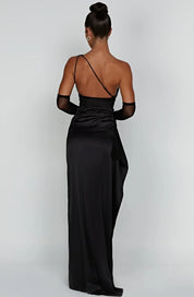 Elegant Satin One-Shoulder Maxi Evening Dress with High Slit