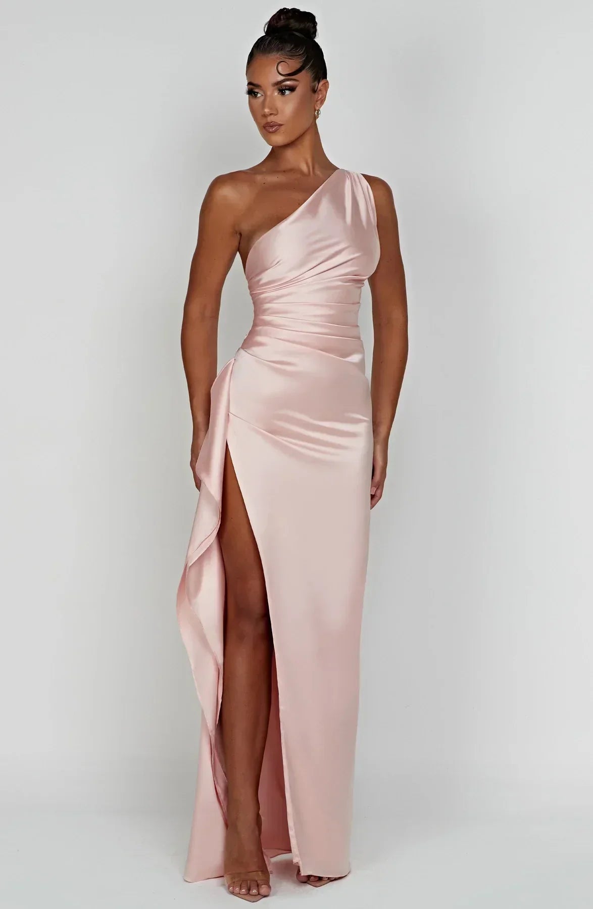 Elegant Satin One-Shoulder Maxi Evening Dress with High Slit