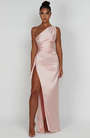 Elegant Satin One-Shoulder Maxi Evening Dress with High Slit