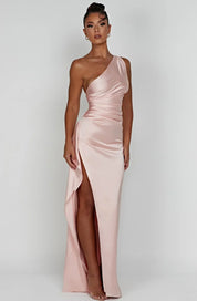Elegant Satin One-Shoulder Maxi Evening Dress with High Slit