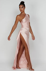 Elegant Satin One-Shoulder Maxi Evening Dress with High Slit