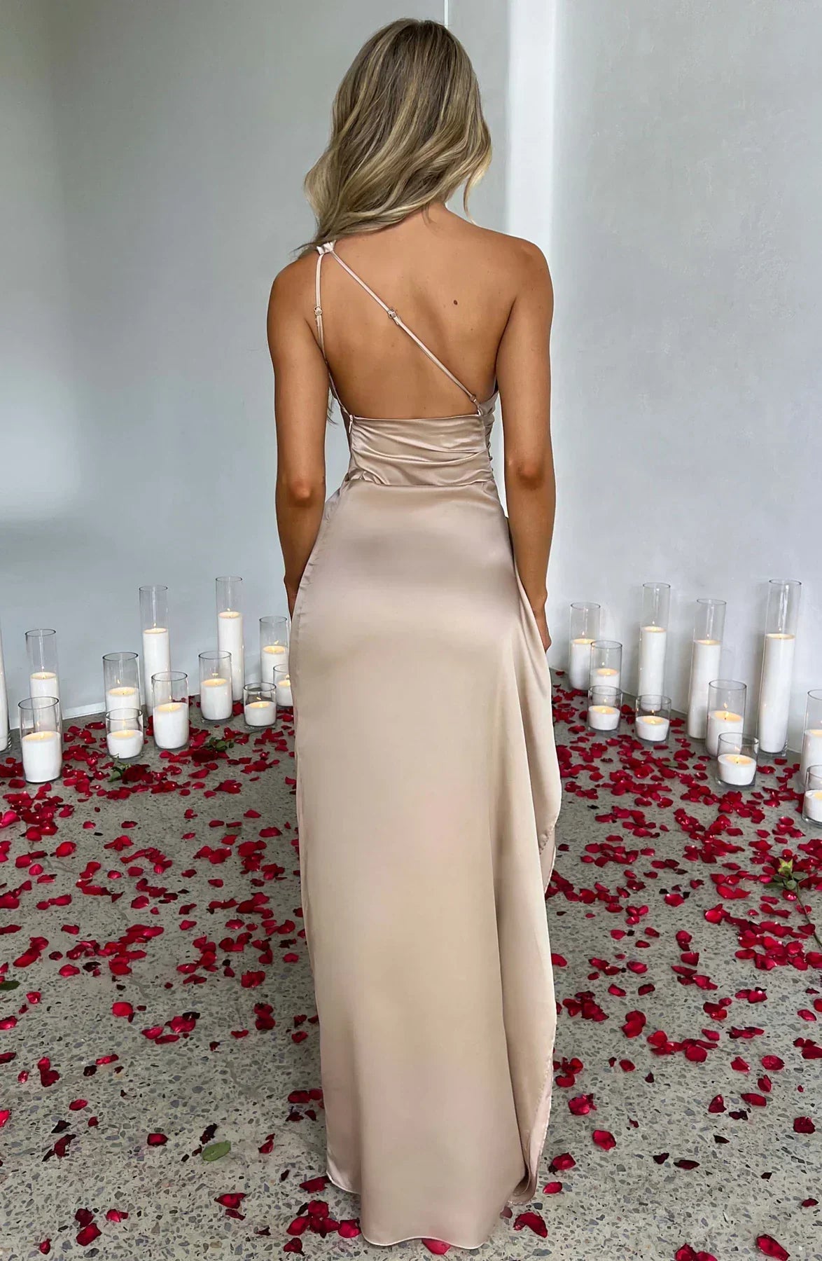 Dames Satijnen Elegante One-Shoulder Maxi met Hoge Split Galajurk