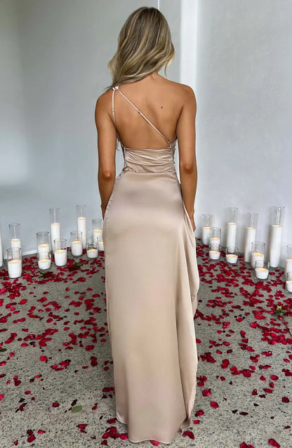 Dames Satijnen Elegante One-Shoulder Maxi met Hoge Split Galajurk