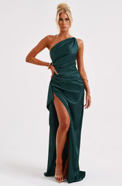 Elegant Satin One-Shoulder Maxi Evening Dress with High Slit