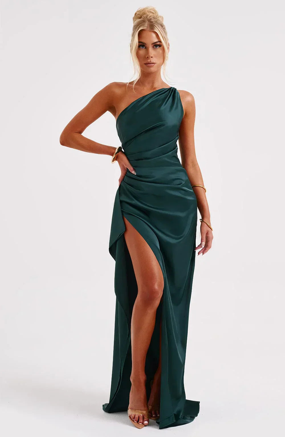 Elegante Satijnen One Shoulder Maxi Galajurk met Hoge Split
