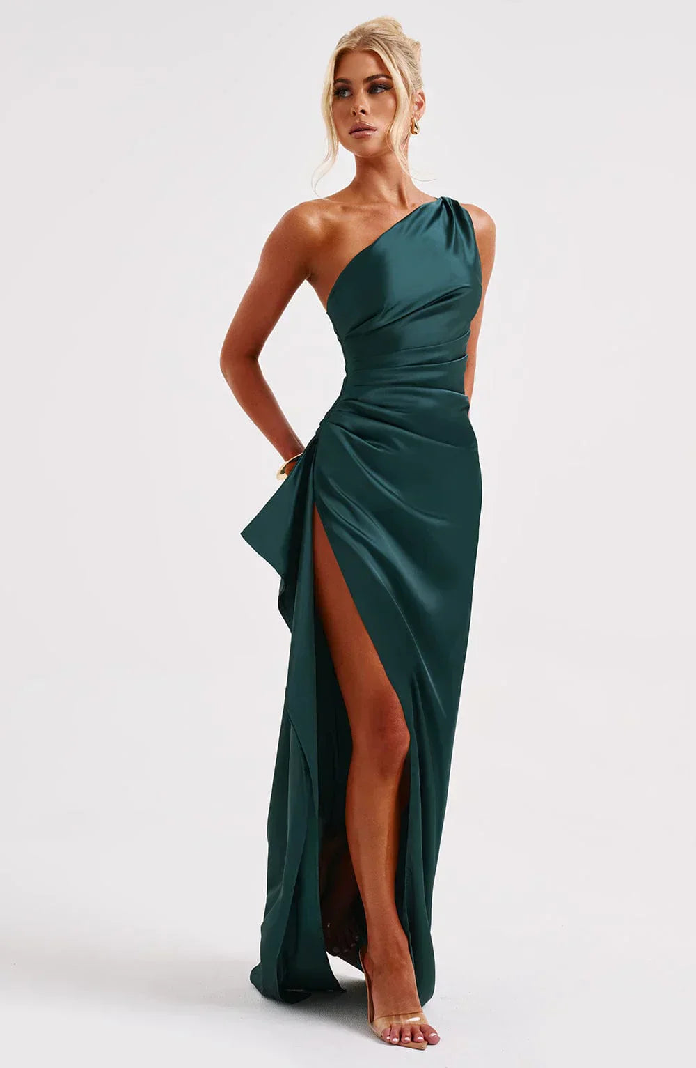 Elegante Satijnen One Shoulder Maxi Galajurk met Hoge Split