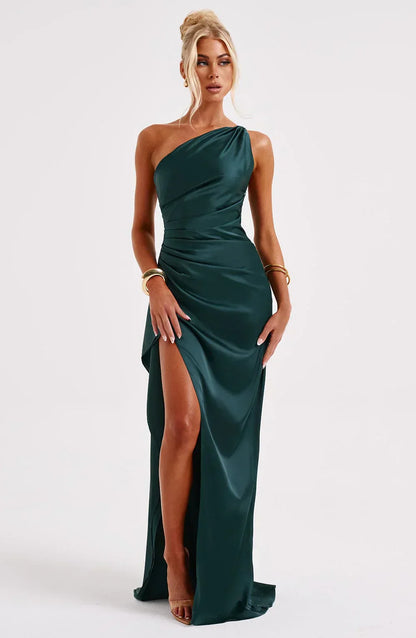 Elegante Satijnen One Shoulder Maxi Galajurk met Hoge Split