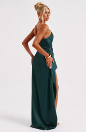 Elegant Satin One-Shoulder Maxi Evening Dress with High Slit