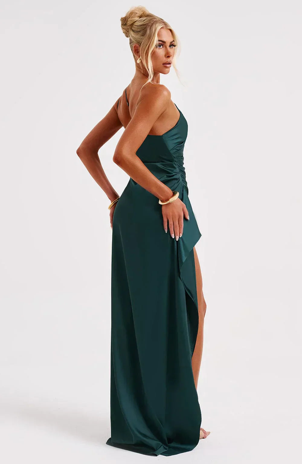 Elegante Satijnen One Shoulder Maxi Galajurk met Hoge Split