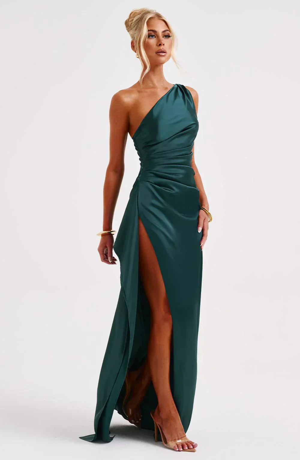 Elegante Satijnen One Shoulder Maxi Galajurk met Hoge Split