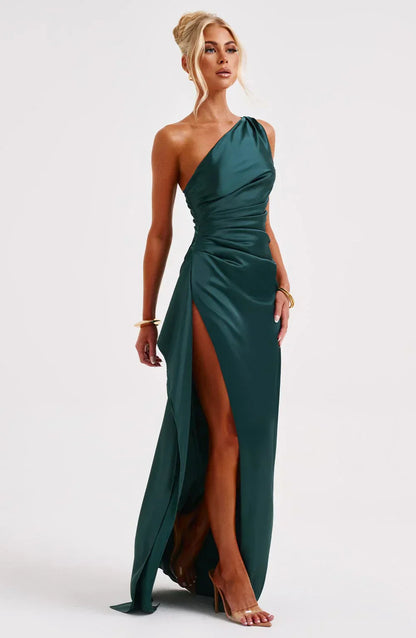 Elegante Satijnen One Shoulder Maxi Galajurk met Hoge Split