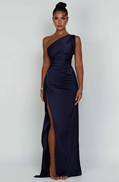 Elegante Satijnen One Shoulder Maxi Galajurk met Hoge Split