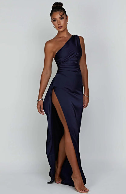 Dames Satijnen Elegante One-Shoulder Maxi met Hoge Split Galajurk