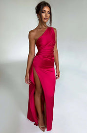 Elegant Satin One-Shoulder Maxi Evening Dress with High Slit