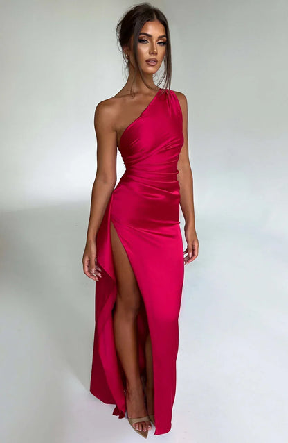 Elegante Satijnen One Shoulder Maxi Galajurk met Hoge Split