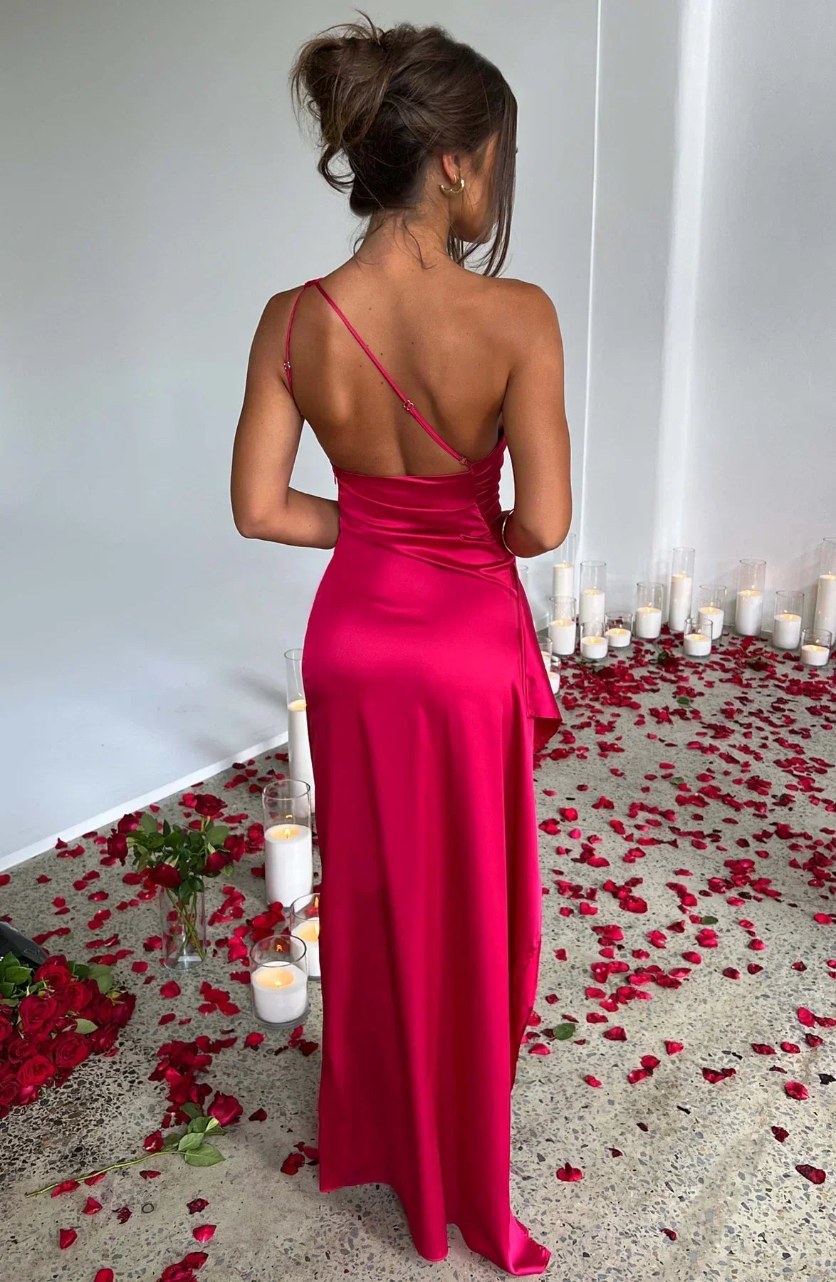 Dames Satijnen Elegante One-Shoulder Maxi met Hoge Split Galajurk