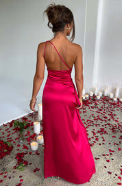 Satynowa długa suknia wieczorowa maxi na jedno ramię z wysokim rozcięciem dla kobiet