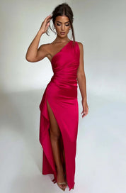 Elegant Satin One-Shoulder Maxi Evening Dress with High Slit