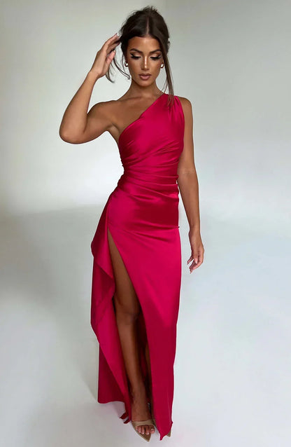 Elegante Satijnen One Shoulder Maxi Galajurk met Hoge Split