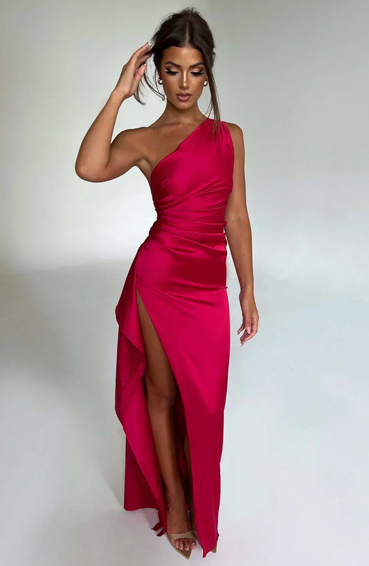 Elegante Satijnen One Shoulder Maxi Galajurk met Hoge Split