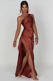 Elegant Satin One-Shoulder Maxi Evening Dress with High Slit