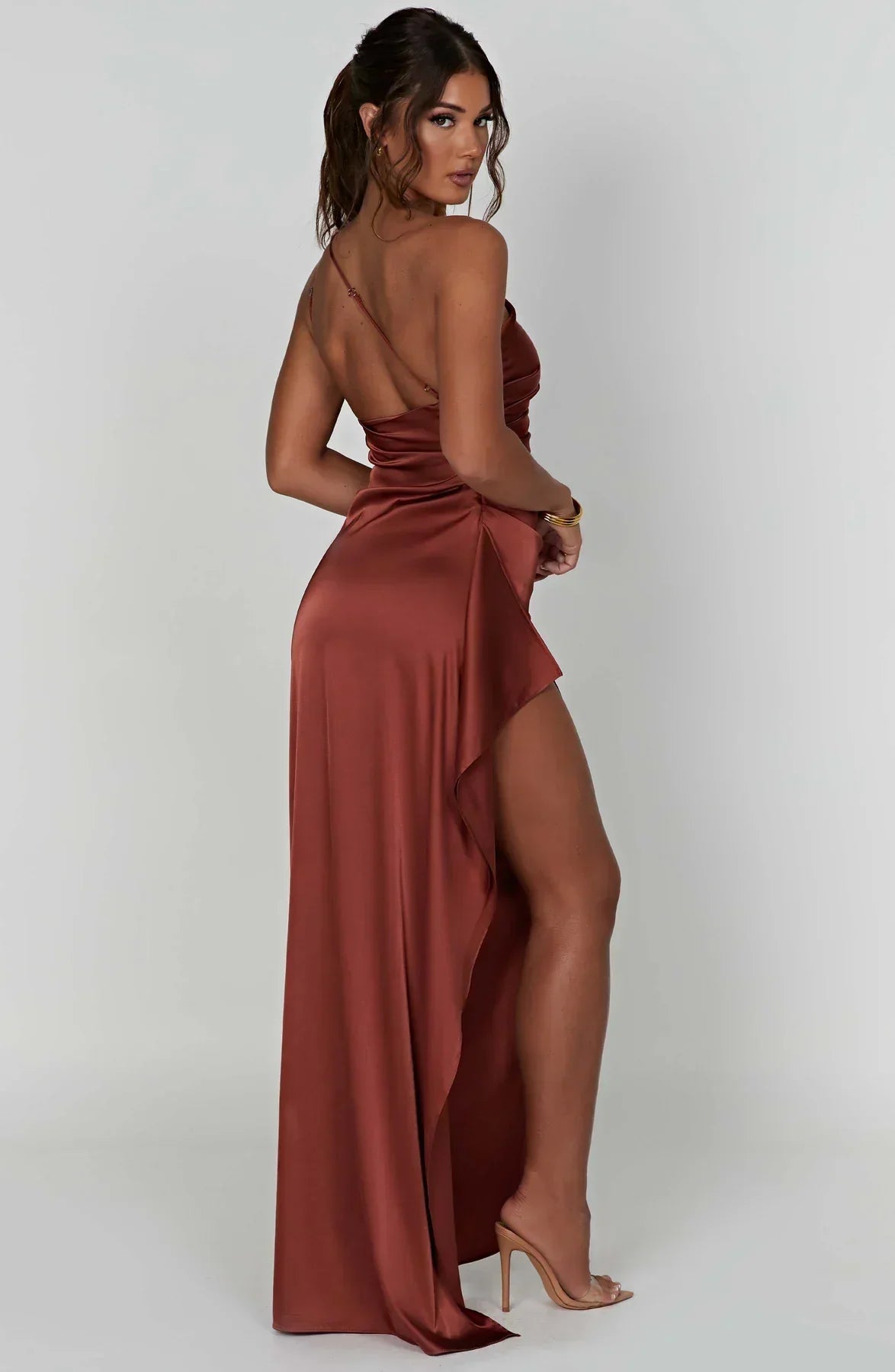 Elegant Satin One-Shoulder Maxi Evening Dress with High Slit