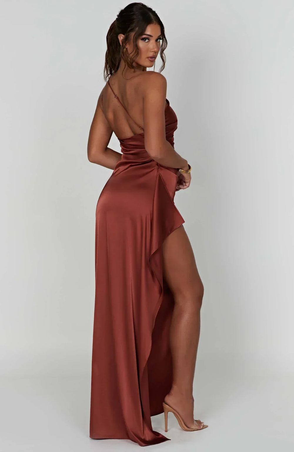 Elegante Satijnen One Shoulder Maxi Galajurk met Hoge Split