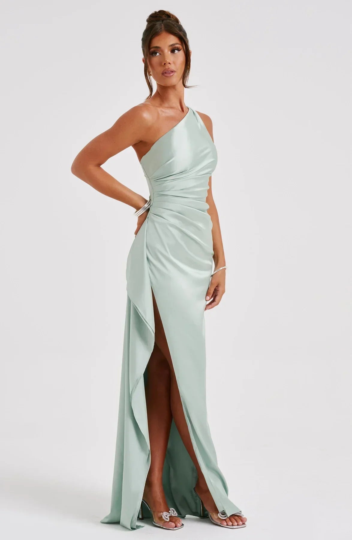 Elegante Satijnen One Shoulder Maxi Galajurk met Hoge Split