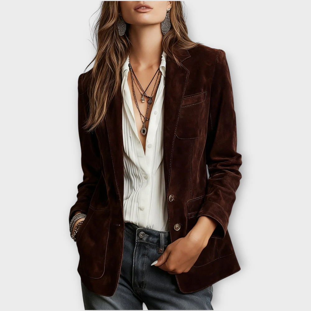 Dames Verfijnde Suède Blazer met Knoopsluiting en Revers
