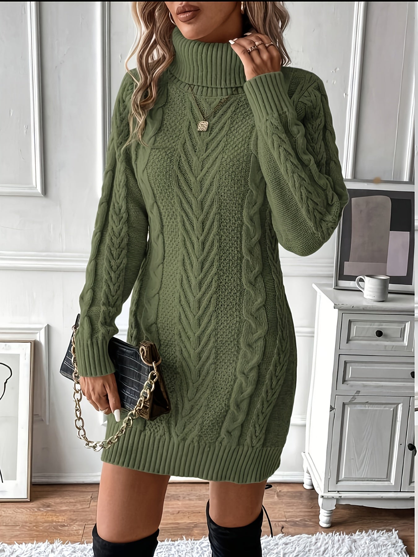 Chique Col Mini Sweaterjurk Voor Vrouwen Met Kabelpatroon