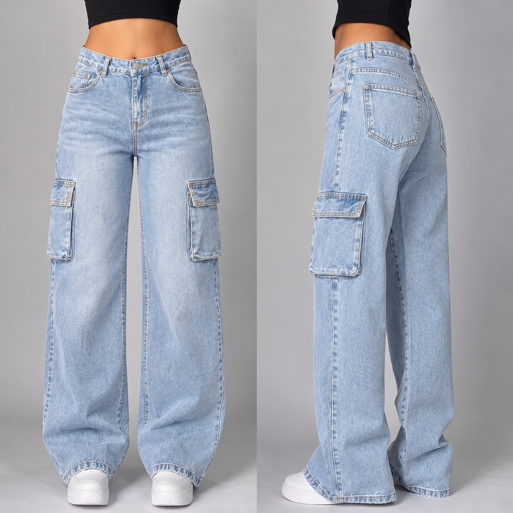 Dames Denim Baggy Jeans met Cargozakken en Wijde Pijpen