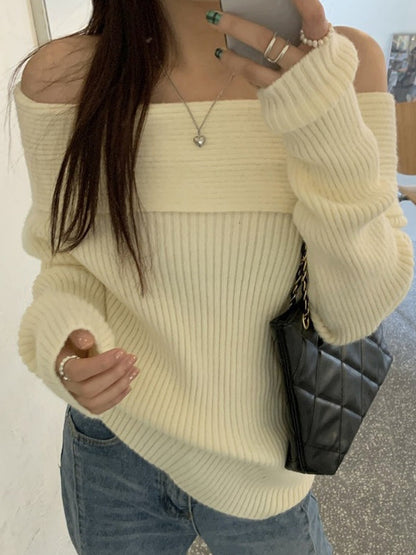 Grijze Off Shoulder Gebreide Trui voor Dames