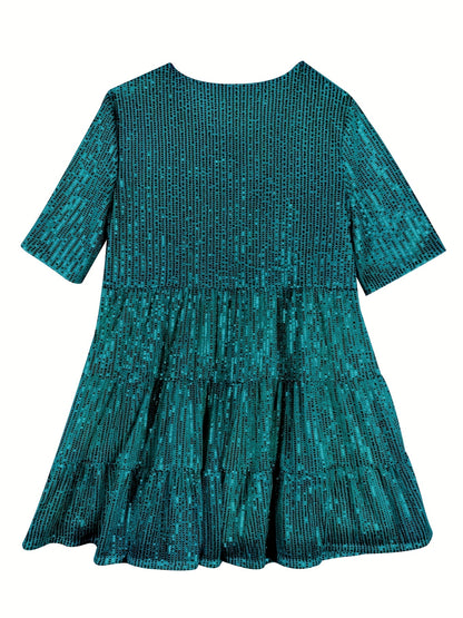 Glitter A Lijn Dames Mini Feestjurk Korte Mouw