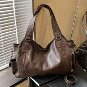 Women’s Leather Shoulder Bag with Zipper Pockets and Double Handles