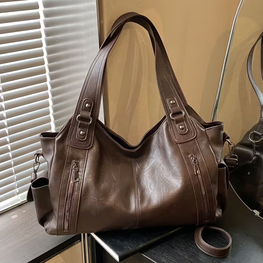 Women’s Leather Shoulder Bag with Zipper Pockets and Double Handles