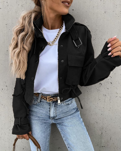 Dames Cropped Bomberjack met Zakken Trekkoord en hoge kraag