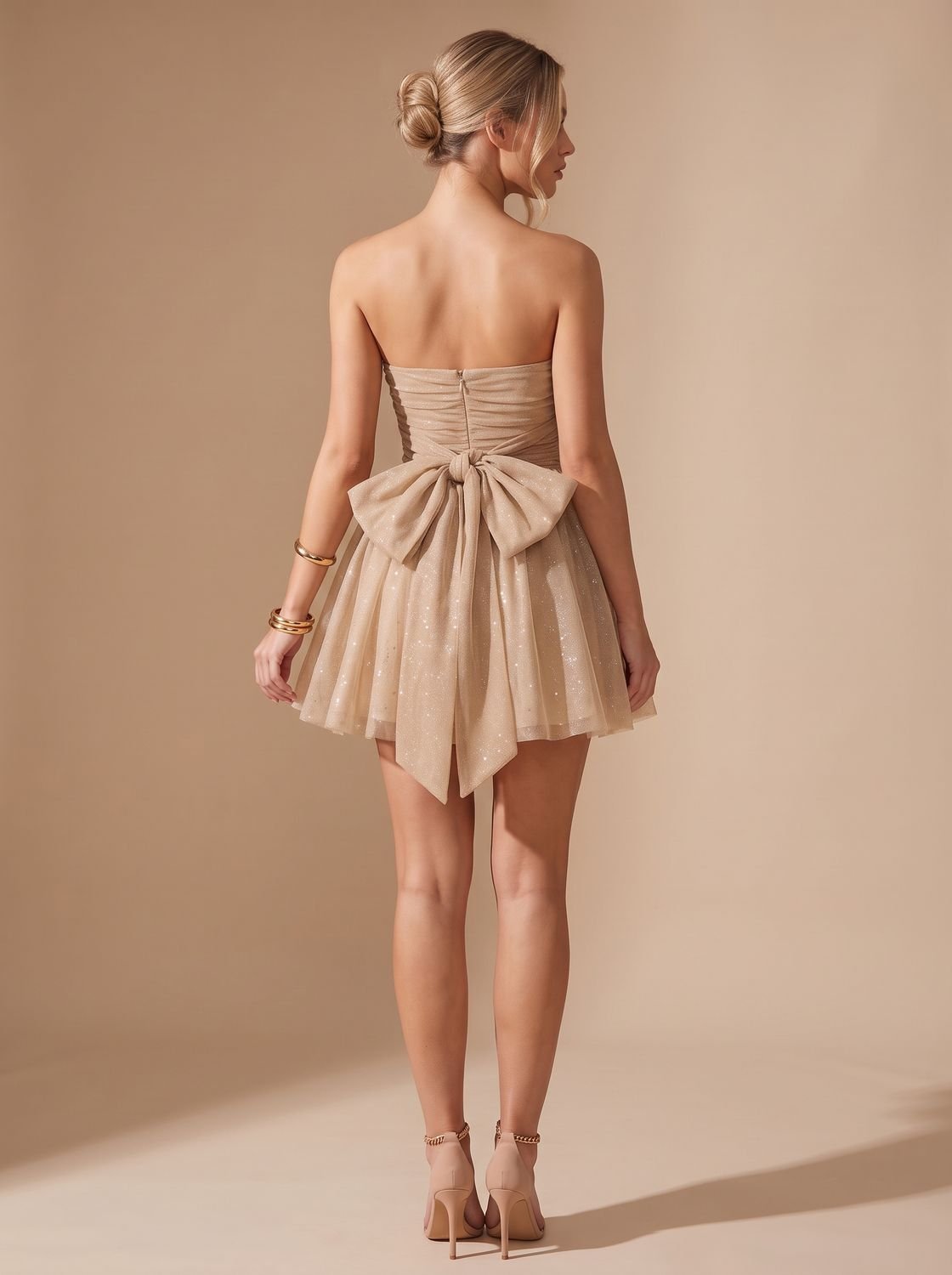 Dames Glamoureuze Glitter Mini Jurk met Strapless Top en Strik