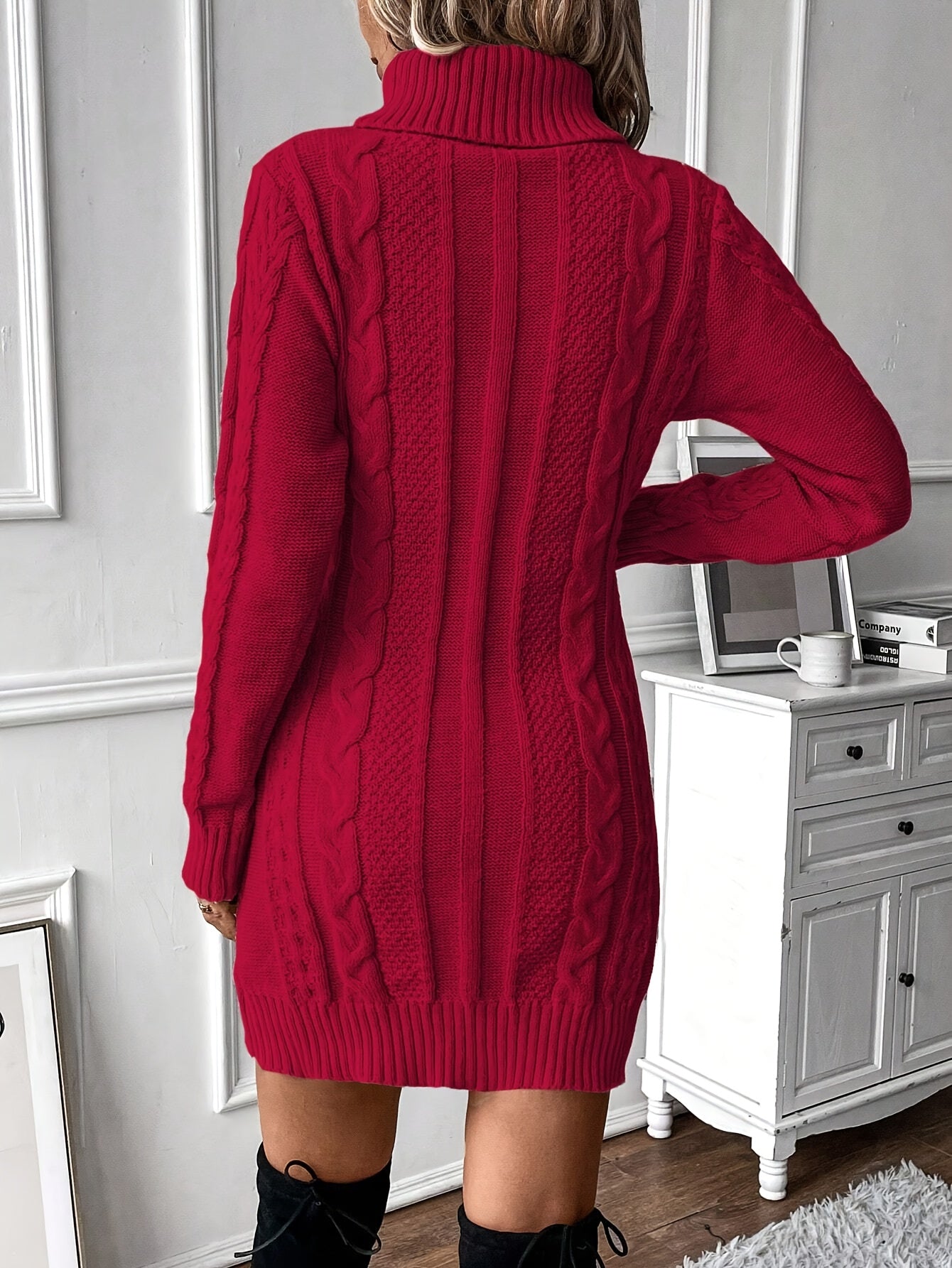 Chique Col Mini Sweaterjurk Voor Vrouwen Met Kabelpatroon