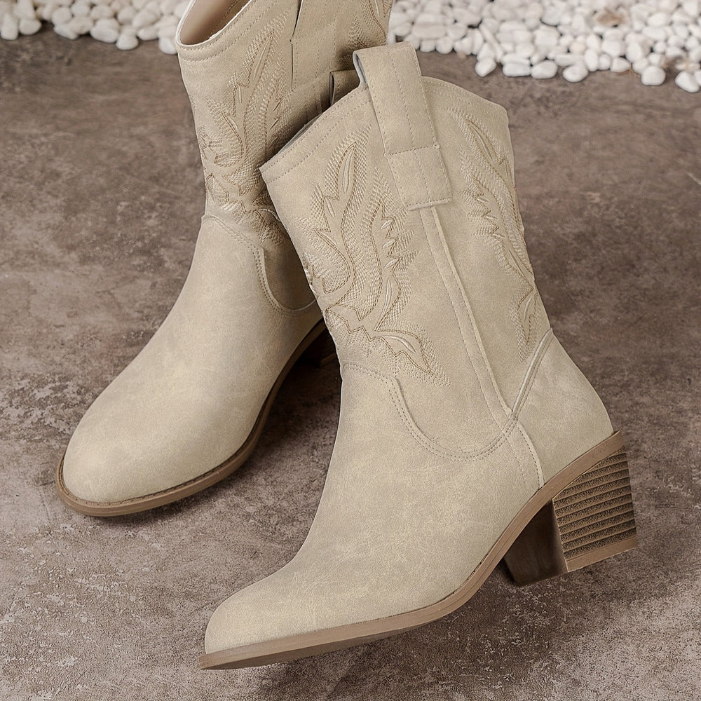 Bottes western cowboy beige pour femmes, hauteur mollet, talon bloc et fermeture éclair latérale