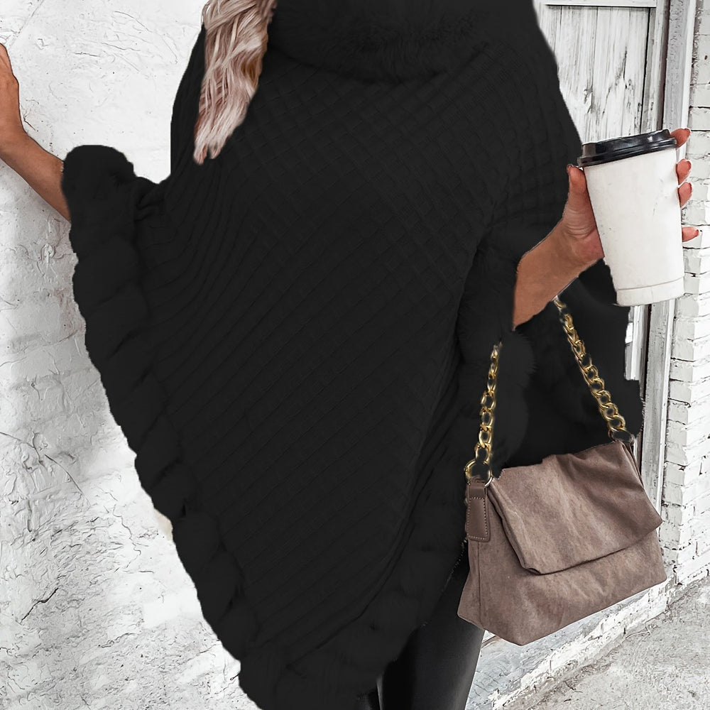 Stylish Warm Poncho Sweater For Women With Faux Fur Collar