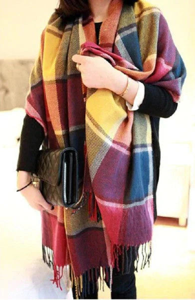 Luxe Geruite Winterse Lange Sjaal met Franje en Oversized Pasvorm
