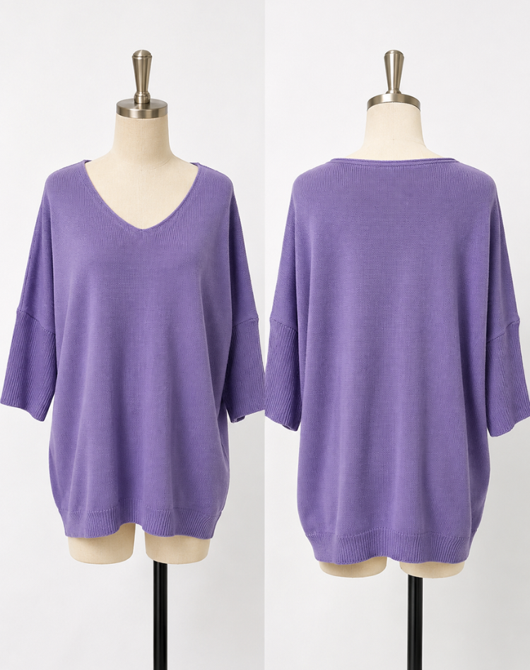 Lightweight Tunic Top with V-Neck and Three-Quarter Sleeves for Women