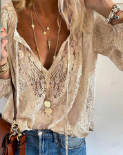 Unique Blouse with Lace Details for Women with V-Neck and Tie Closure