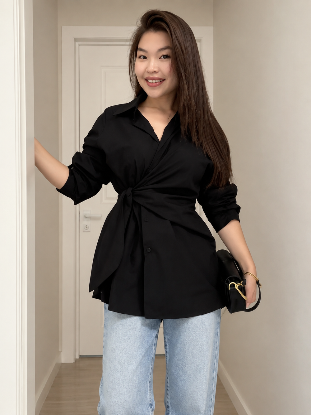 Lange Blouse Met Tailleknoop En Lange Mouwen Voor Dames